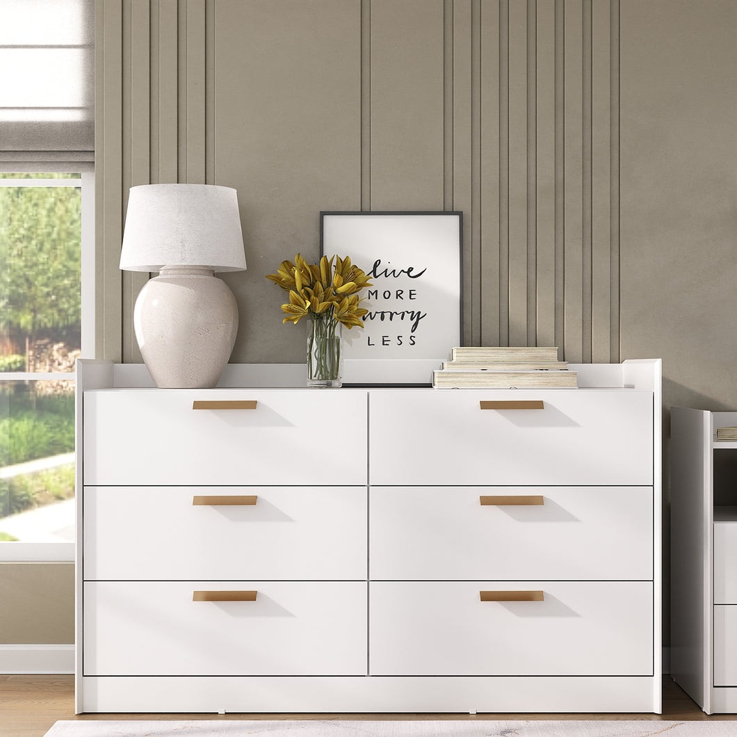 Modern Chic 6-Drawer Dresser Featuring Bronze Handles - White