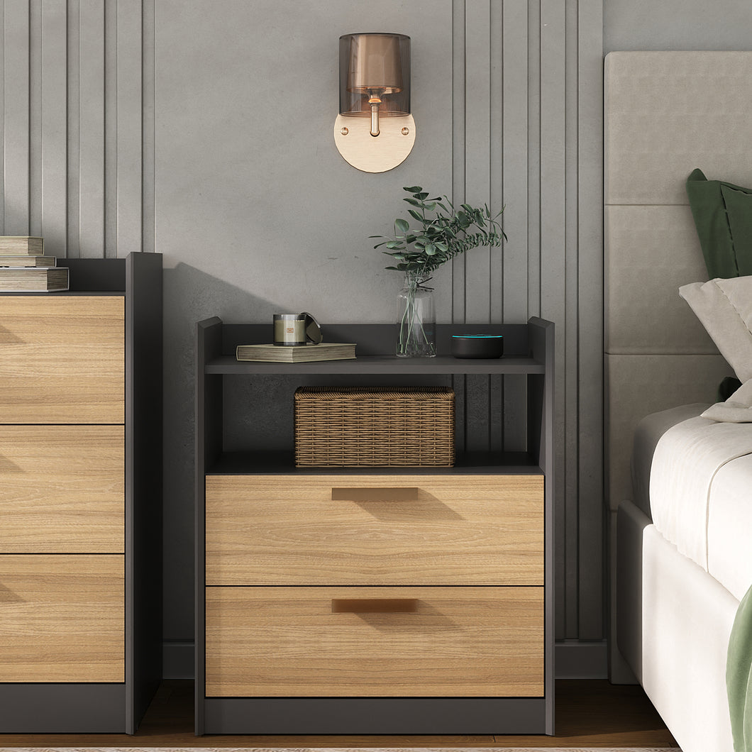 Modern Chic 2-Drawer Nightstand with a Built-in Niche and Bronze Handles - Elm and Gray