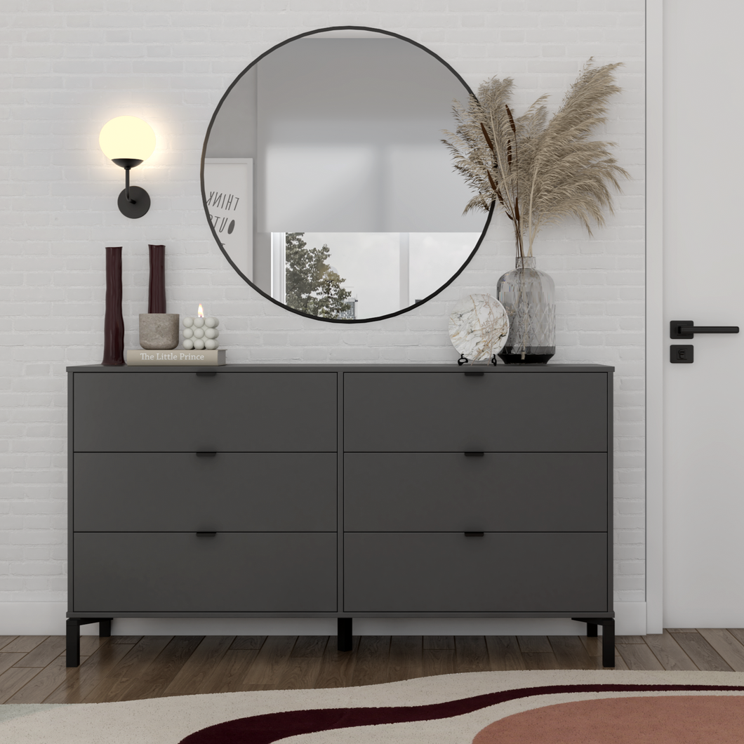 Minimalist 6-Drawer Dresser – Double Wooden Decor - Dark Gray
