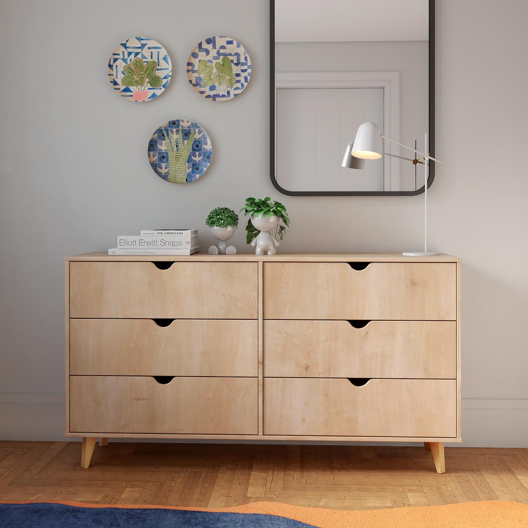 6-Drawer Dresser – Double Wooden Cabinet - Natural Wood