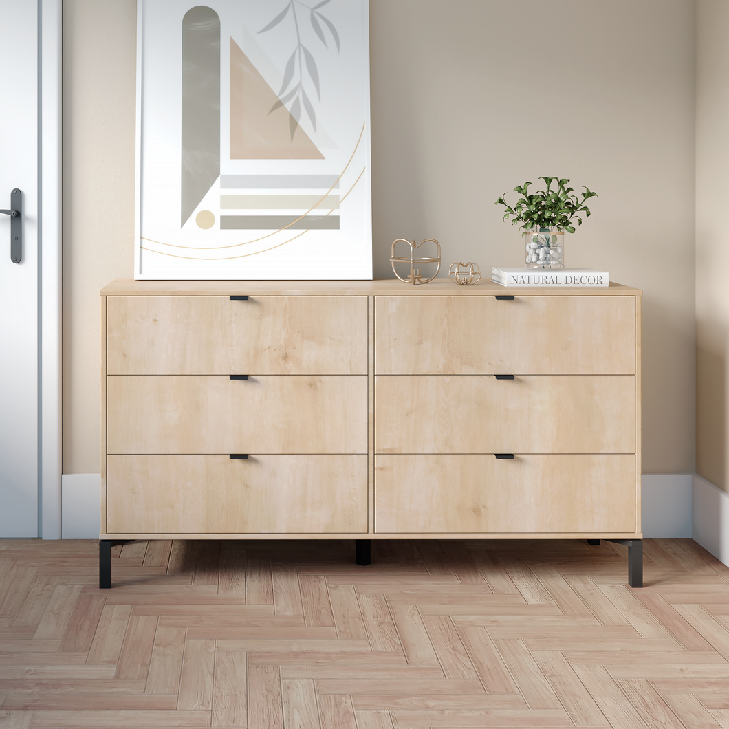 Minimalist 6-Drawer Dresser – Double Wooden Decor - Natural Wood